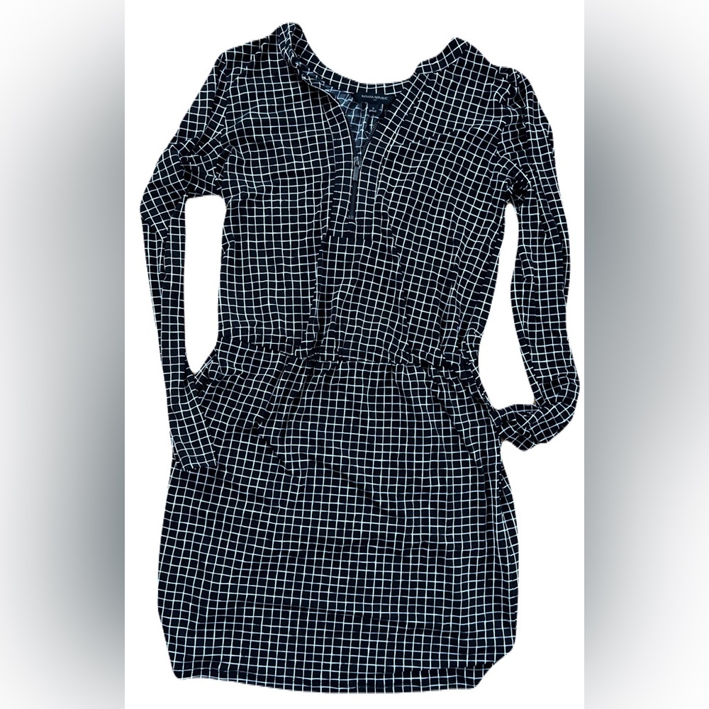 Banana Republic Shirt Dress Black White Plaid Long Sleeve Zip Front Size Small-S
